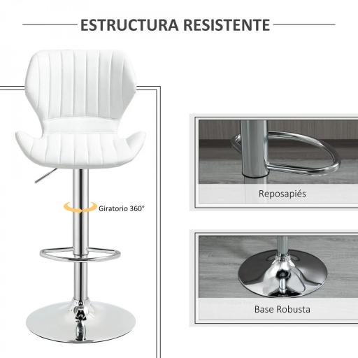 Juego de 2 Taburetes Altos de Cocina y Giratorio Taburetes Altos de Cuero Sintético con Respaldo y Estructura de Metal 47x51,5x92-114 cm Blanco [4]