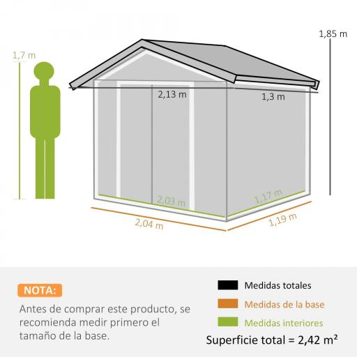 Caseta de Jardín 213x130x185 cm con Puertas Correderas y Claraboya para Almacenamiento de Herramientas Gris Oscuro [1]