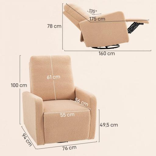 Sillón Relax Reclinable Manual hasta 135º con Reposabrazos Reposapiés Acolchado Grueso Función de Balanceo 360° Marrón [1]