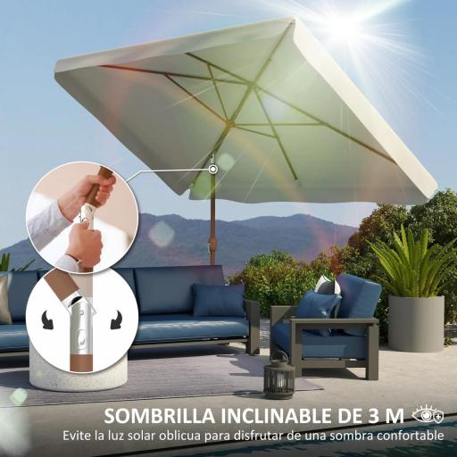 Sombrilla de Terraza Exterior 300x200x245 cm con Ángulo Ajustable Mástil de Aluminio Manivela y Protección UV 50+ Crema [2]