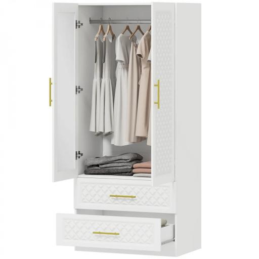 Armario Ropero con Espejo 2 Puertas y 2 Cajones Relieve de Diamante Barra para Colgar 80x50x180 cm Blanco [9]