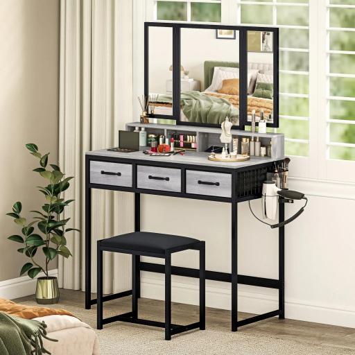Tocador de Maquillaje con Espejo Tríptico Desmontable Taburete 3 Cajones de Tela Soporte para Secador de Pelo Gris