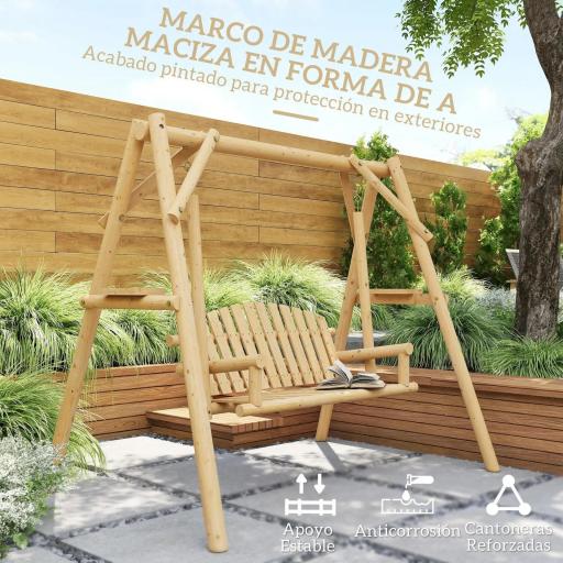 Banco Columpio de Jardín de Madera de 2 Plazas con Bandejas Laterales Reposabrazos y Estructura en A Natural [4]