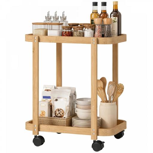 Carrito de Cocina de Bambú de 2 Niveles Carrito Auxiliar para Cocina con Ruedas 2 Estantes 54x36,5x60 cm Natural [9]