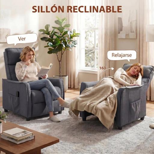 Sillón de Masaje Reclinable con Reposapiés 2 Zonas de Masaje Asiento de Muelles Bolsillos Tapizado en Lino Gris [5]