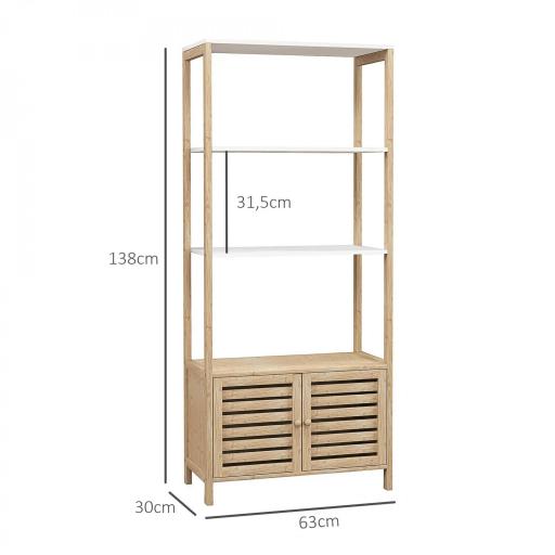 Estantería de Baño de Bambú con 3 Estantes Abiertos Puertas de Lamas 63x30x138 cm Natural y Blanco [1]