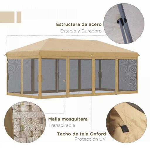 Carpa Plegable 6x3 m Cenador de Jardín con 6 Mosquiteras Bolsa de Transporte y Marco de Acero para Camping Fiestas Beige [2]