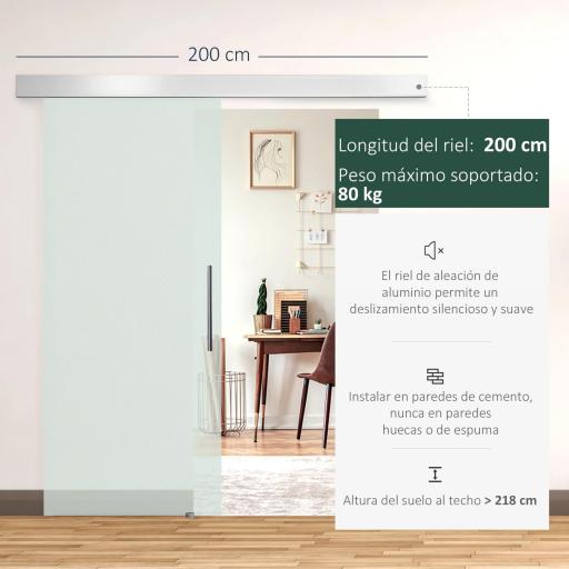 Puerta Corredera de Cristal 77,5x205 cm Puerta Corrediza Deslizante con Riel de Cristal de Seguridad Translúcido [4]