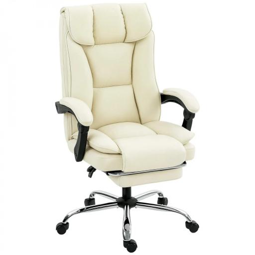 Silla de Escritorio con Reposapiés Respaldo Reclinable Acolchado Grueso Tapizada en Cuero Sintético Beige [8]