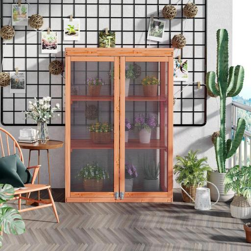 Invernadero de Jardín de Madera y Policarbonato Invernadero Vivero Casero con 3 Estantes 2 Puertas y Tapa Abatible para Cultivo de Plantas Terraza Patio 76x47x110 cm Natural