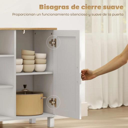 Aparador de 3 Puertas de Cierre Suave con Estantes Ajustables Compartimento Abierto Patas de Madera Blanco [6]