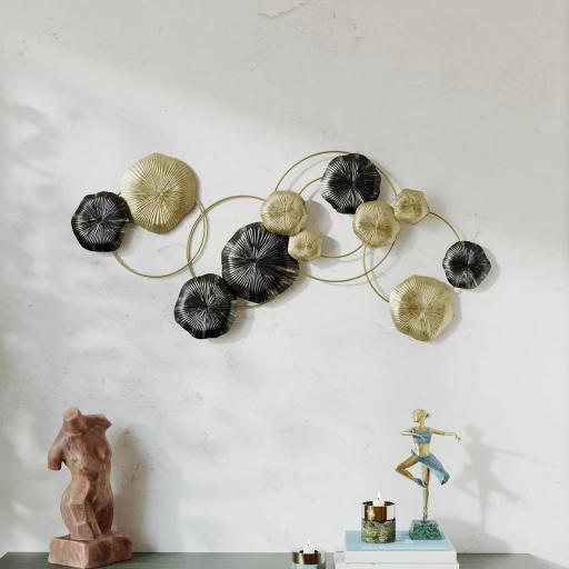 Decoración de Pared de Metal con Forma de Hoja de Loto Escultura de Pared para Decoración Hogar 84x35 cm Dorado y Negro