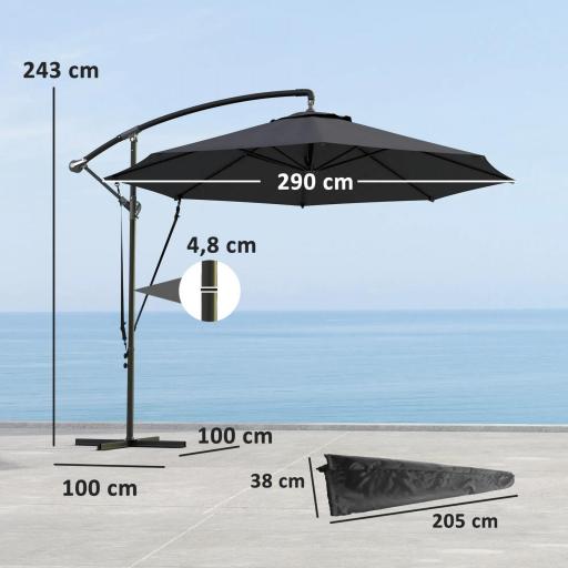 Parasol de Jardín Excéntrico Sombrilla con Funda para Sombrilla Protección UV 50+ y Base Cruzada Ø290x243 cm Gris Oscuro [1]