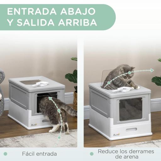Arenero Cubierto para Gatos Desmontable con Entrada Frontal y Salida Superior con Pala 47,5x35,5x36,7 cm Gris y Blanco [3]