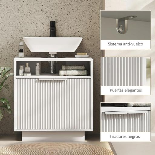Mueble bajo Lavabo con 2 Puertas Acanaladas y Compartimento Abierto para Lavabo sin Pedestal 60x33x63 cm Blanco [4]