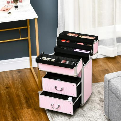 Maleta de Maquillaje Profesional Estuche para Cosmética con 6 Cajones Extensibles y Cierre Llave 36x23x58cm Rosa [1]