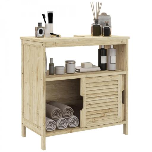 Armario Debajo de Lavabo con Puertas Correderas de Lamas Compartimento Abierto Estilo Moderno 60x30x60 cm Natural [5]