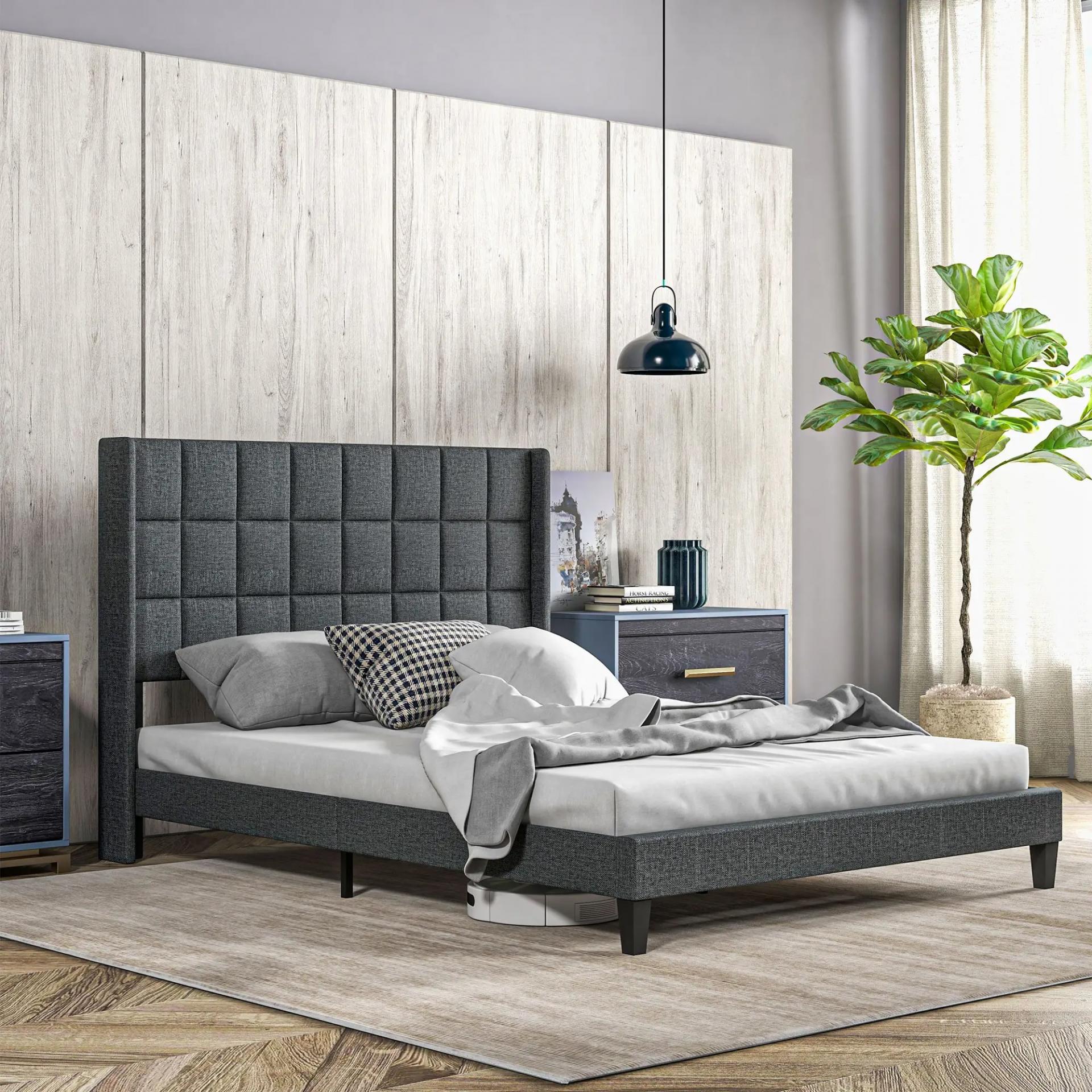 Cama 135x190 cm con Almacenaje Inferior Tapizada y Cabecero Acolchado con Orejas Gris