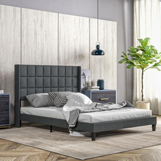 Cama 135x190 cm con Almacenaje Inferior Tapizada y Cabecero Acolchado con Orejas Gris [0]