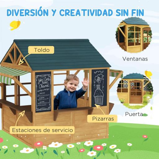 Casita de Juegos Infantil de Madera con Ventanas Pizarras Tejado y Toldo 173x117x144 cm Madera Natural [4]