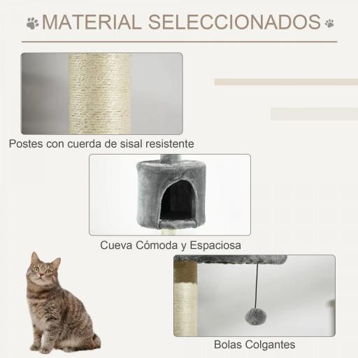 Árbol Rascador para Gatos Rascador para Fijar al Techo Altura 255 cm con Plataformas Cueva Postes de Sisal Bolas Colgantes Gris Claro [3]