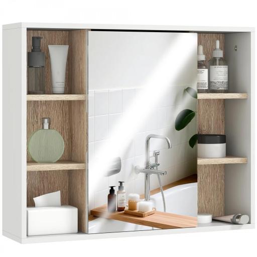 Armario Espejo con Espacio Interno con Estantes Ajustables Armario de Baño Montado en la Pared con Estantes Abiertos 60x14,5x49,4 cm Blanco y Roble [9]