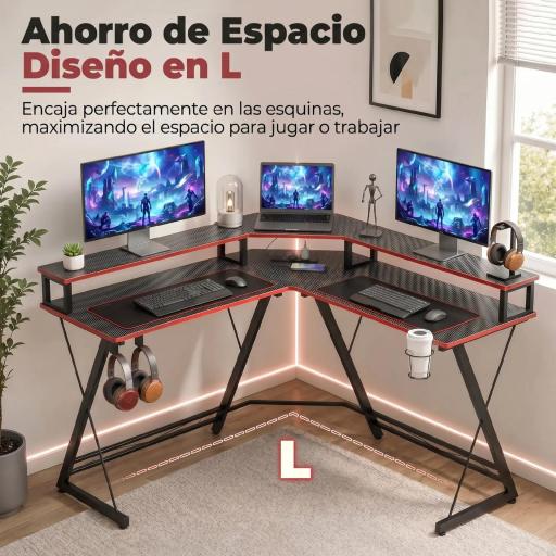 Escritorio Esquinero con Enchufes en Forma de L 128x128 cm con Soporte para Monitor Gancho y Portavasos Negro [2]