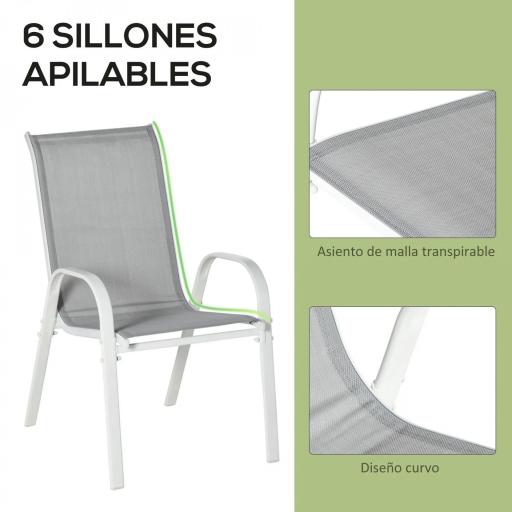Juego de Mesa y 6 Sillas para Terraza con Orificio para Sombrilla y Encimera de Cristal para Terraza Patio Gris [2]