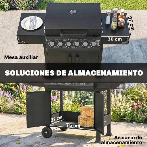 Barbacoa de Gas con 6 Quemadores 15 kW Termómetro Parrilla Mesas Laterales Armario y Ruedas 135x51x101 cm Negro [5]