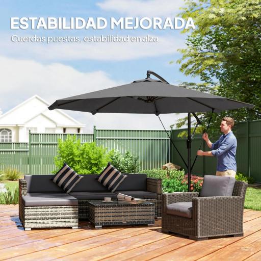 Parasol Excéntrico Ø300 cm con Base Cruzada Manivela Funda Protectora y Cuerdas de Viento UPF30+ Gris Oscuro [2]
