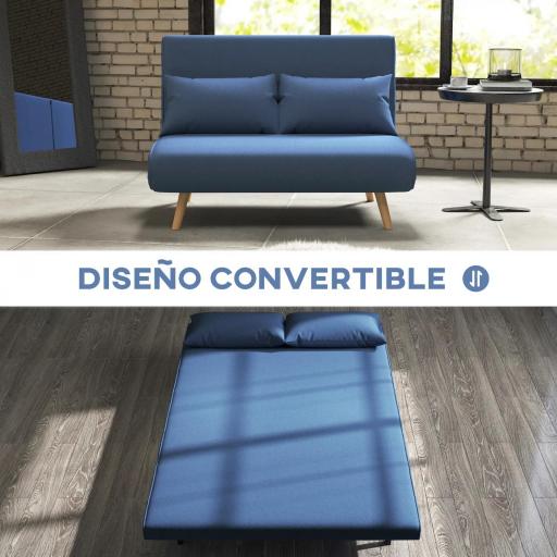 Sofá Cama de 2 Plazas Tapizado en Lino con Respaldo Ajustable en 5 Posiciones y 2 Almohadas 120x75x85 cm Azul Oscuro [2]