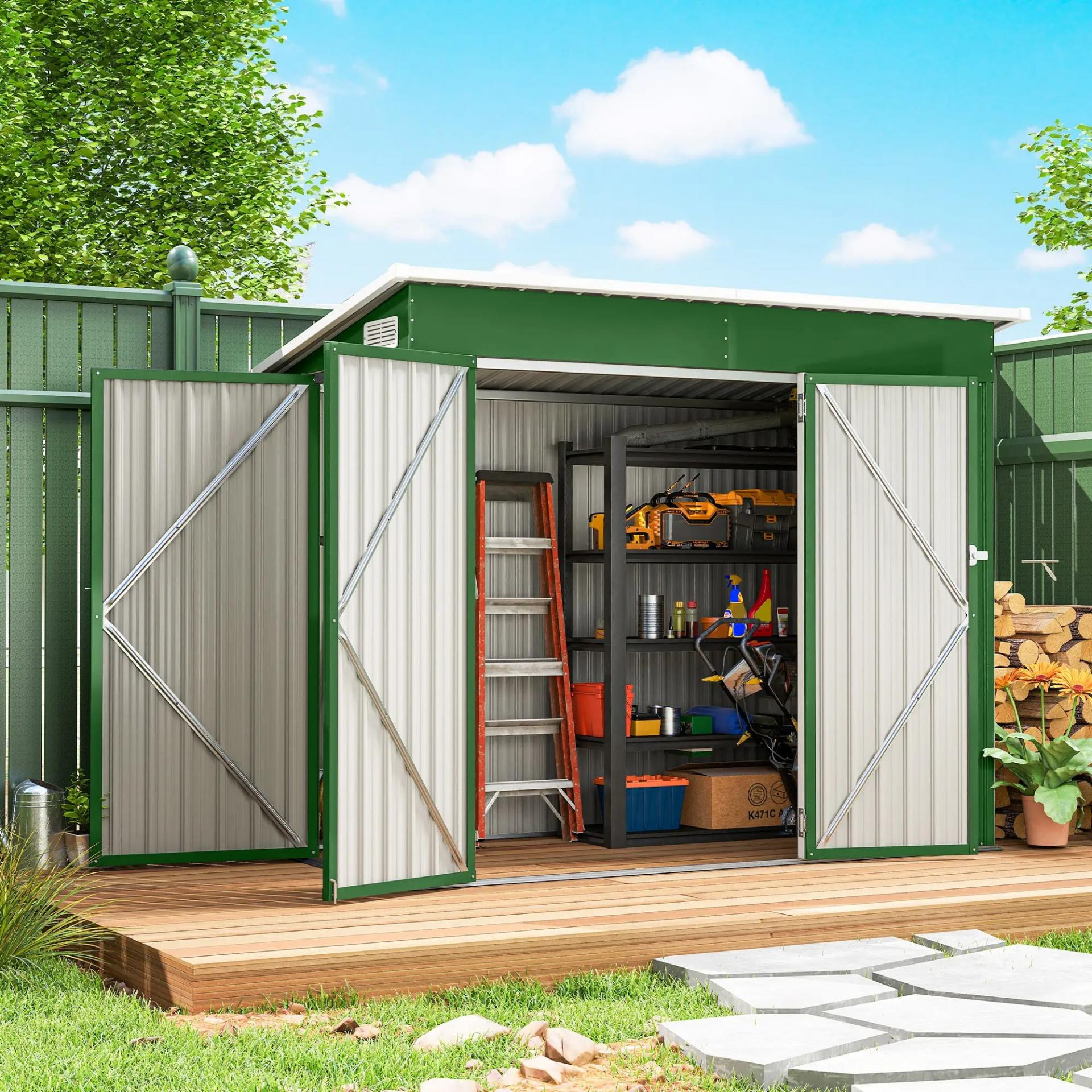 Cobertizo de Jardín Exterior 2,7 m² 234x132x185 cm con Triple Puerta Cerradura y Ranuras de Ventilación Verde