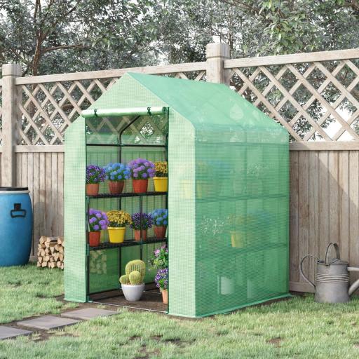 Invernadero de Jardín Tipo Caseta Invernadero de Exterior con 2 Niveles 4 Estantes Puerta Enrollable Marco de Acero y Cubierta de PE 140g/㎡ para Cultivos Plantas Macetas 143x138x190 cm Verde
