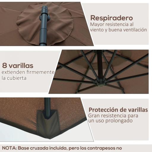 Sombrilla de Jardín Ø295 cm Parasol Excéntrico Inclinable con Manivela Base Cruzada y Soporte de Acero Café [5]
