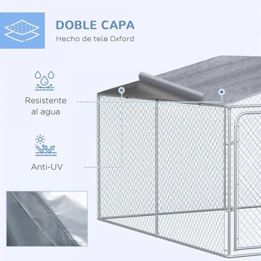 Perrera de Exterior con Toldo Anti-UV Impermeable Puerta con Pestillo y Marco de Metal Galvanizado 4x4x2,3 m Plata [4]