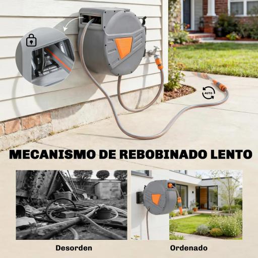 Carrete de Manguera Retráctil 20+1,6 m con Boquilla de 2 Modos Bloqueo Automático Retracción Controlada Soporte Naranja [5]
