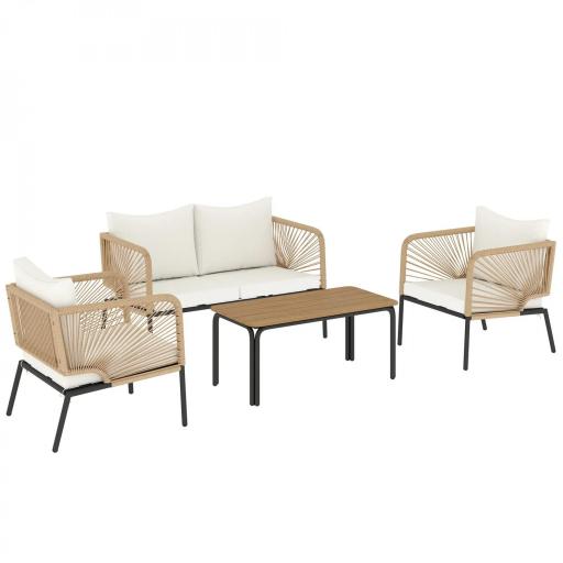 Conjunto Jardín Exterior de 4 Piezas con Sofá 2 Sillones y Mesa WPC Ratán PE Tipo Cuerda Cojines Acolchados Blanco [9]