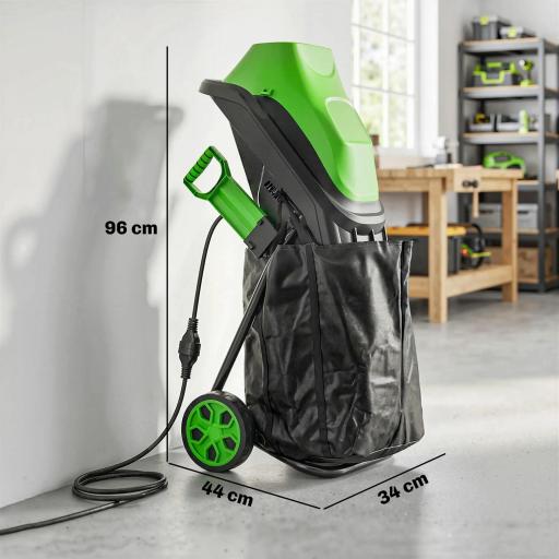 Trituradora de Ramas Eléctrica 2500W con 2 Cuchillas Reversibles hasta Ø44 mm de Ramas Bolsa 45L Ruedas Verde [1]