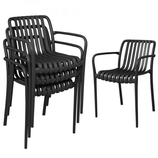 Juego de 4 Sillas de Jardín Exterior Apilables de PP con Respaldo Curvado Asiento de Listones 55x58,5x81,5 cm Negro [9]