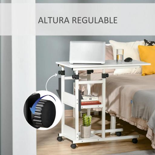 Mesa Auxiliar con Ruedas 80x40 cm Mesa para Sofá en Forma de C con Altura Ajustable 3 Niveles de 72-82 cm Marco de Metal para Salón Cocina Blanco [3]