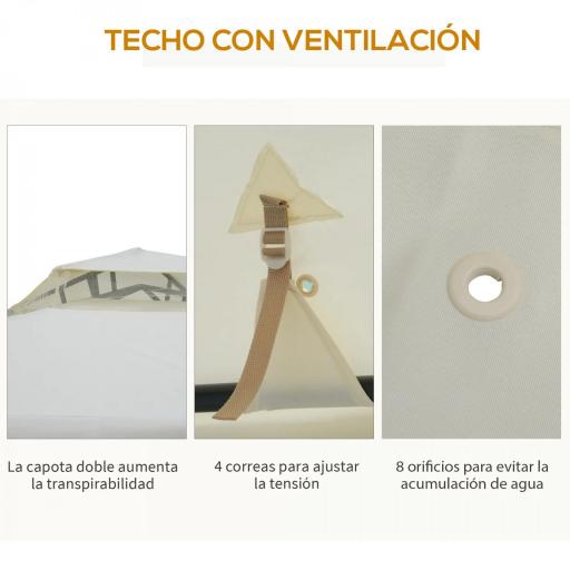 Cenador de Jardín 3x3 m Pabellón de Exterior con Doble Techo de Ventilación 4 Cortinas Mosquiteras Laterales con Cremallera 8 Orificios de Drenaje Gazebo para Fiestas Patio Crema [4]