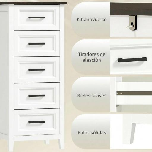 Cómoda Dormitorio Estrecho y Alto con Encimera Efecto Madera Cajonera para Espacios Pequeños 45x35x106 cm Blanco [3]