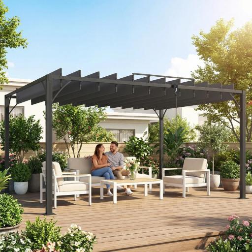 Pérgola de Jardín 3x4 m con Protección UPF 50+ Gazebo con Techo Ajustable Estructura de Aluminio para Exterior Gris [2]