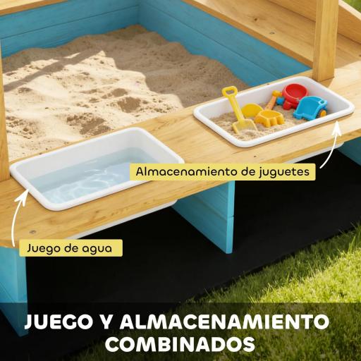 Arenero para Niños de Madera con Techo 3 Bancos 2 Cajas de PP Forro para Niños de 3-6 Años 128x118x121 cm Azul [6]