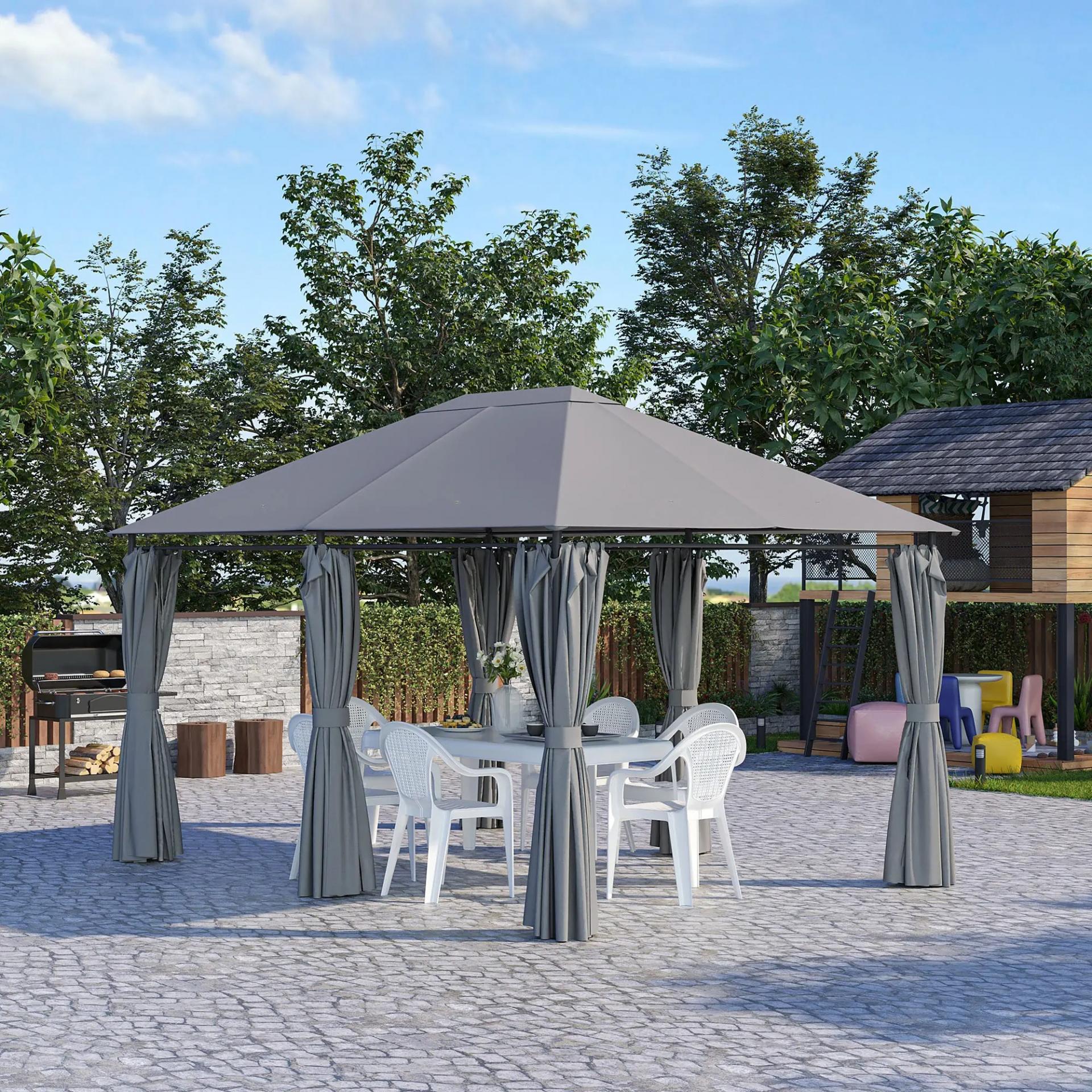 Cenador de Jardín 4x3 m con 6 Paredes Laterales 8 Orificios de Drenaje y Marco de Acero para Fiestas Patio Gris
