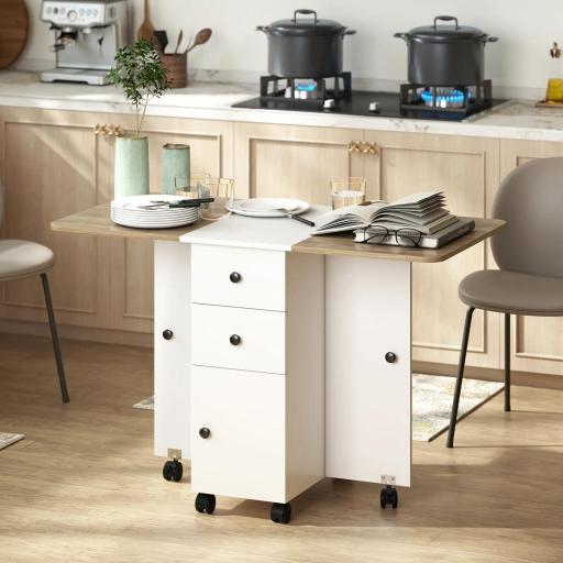 Mesa Plegable de Comedor con Ruedas Alas Abatibles 2 Cajones y Armario Hasta 6 Personas 120x60x76,5 cm Blanco y Natural