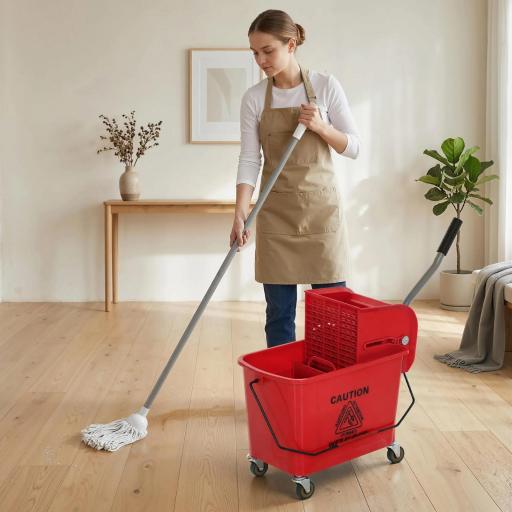 Cubo de Fregar con Escurridor Panel Separador y Ruedas Capacidad 20L para Limpieza Doméstica 45x26,5x70 cm Rojo