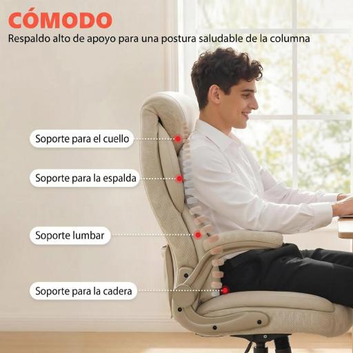 Silla de Oficina con Masaje Vibratorio de 4 Puntos Calor Lumbar Brazos Abatibles Respaldo Alto Altura Ajustable Crema [4]