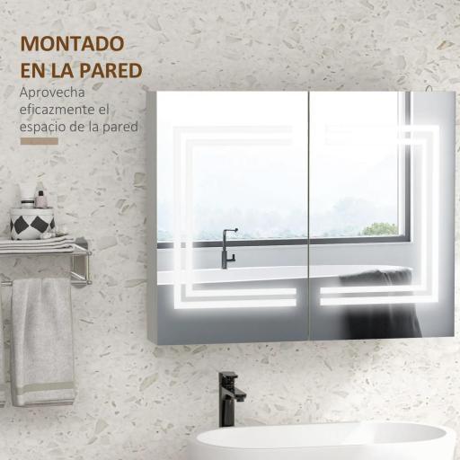 Mueble de Baño con Espejo Estantes Ajustables Interruptor Táctil y Color de Luz Ajustable 80x15x65 cm Blanco Brillante [3]