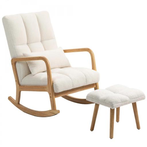 Silla Mecedora con Reposapiés Tapizado en Bouclé Cojín Acolchado y Reposabrazos y Patas de Madera Carga 120 kg Blanco [8]
